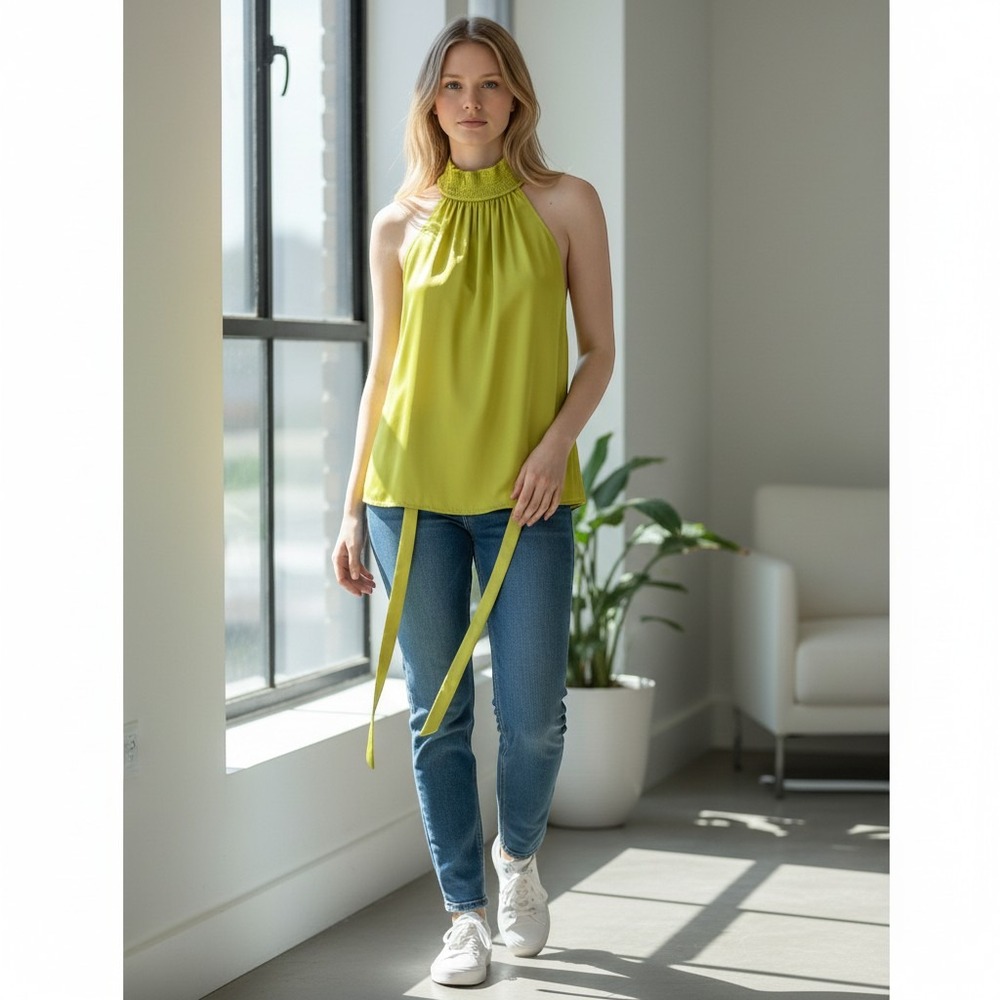 More to Come Halter Top Womens‎ Small Chartreuse Satin Lightweight O-Ring Detail